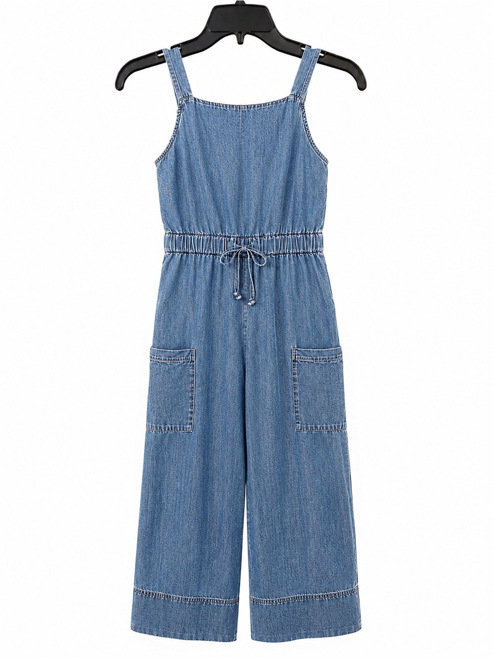 bebe Light Blue Denim Jumpsuit with Drawstring Waist